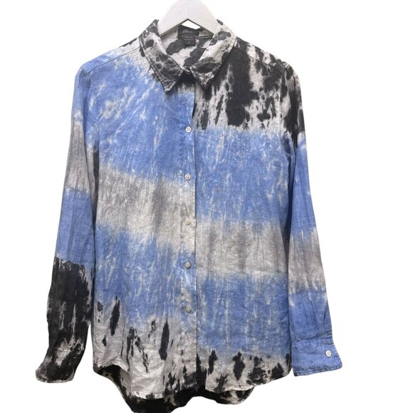 Pure Amici Linen Shirt Size Small Blue Gray Tie Dye Womens Button Up Top - Picture 7 of 8